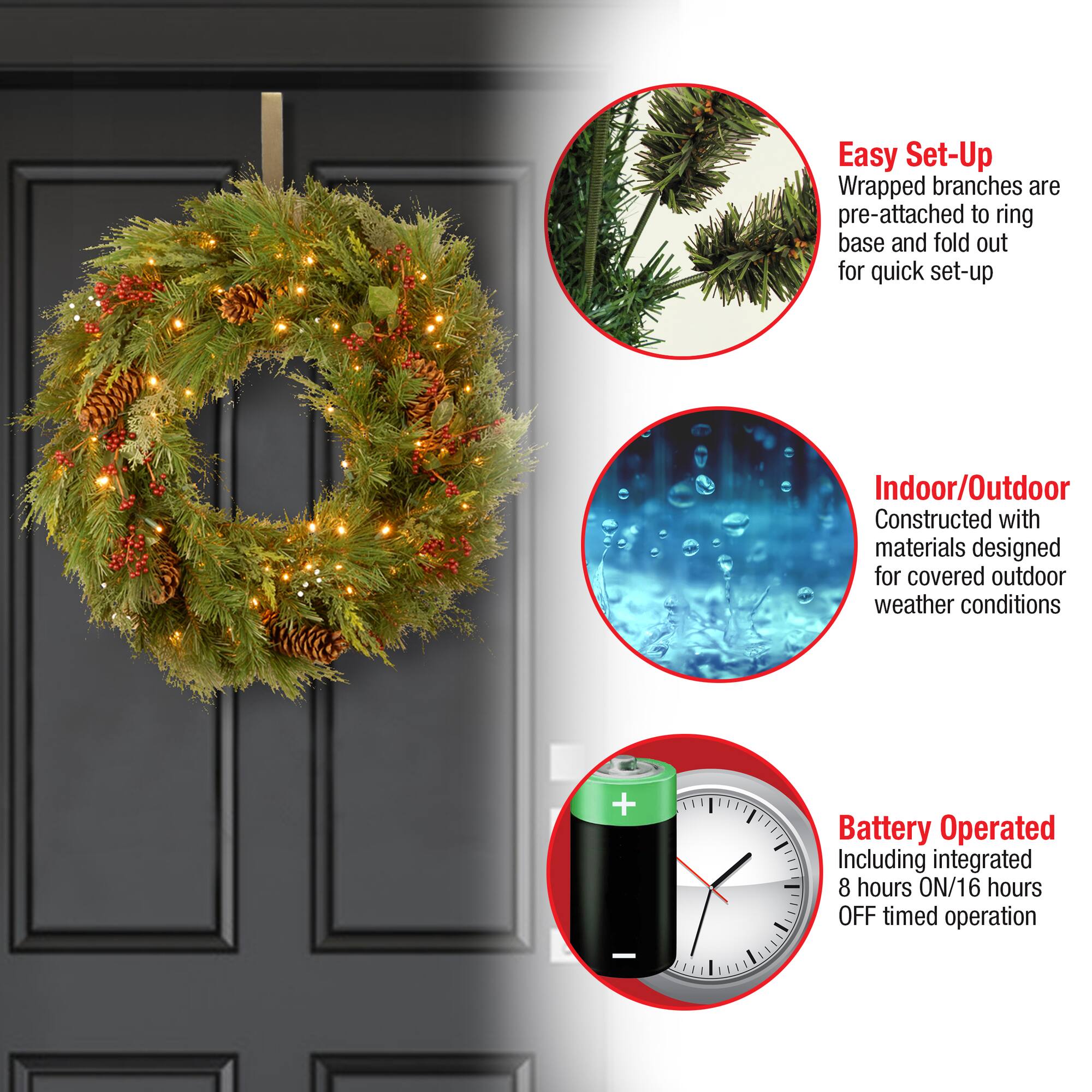 30" White Pine & Pine Cones Wreath With Soft White LED Lights